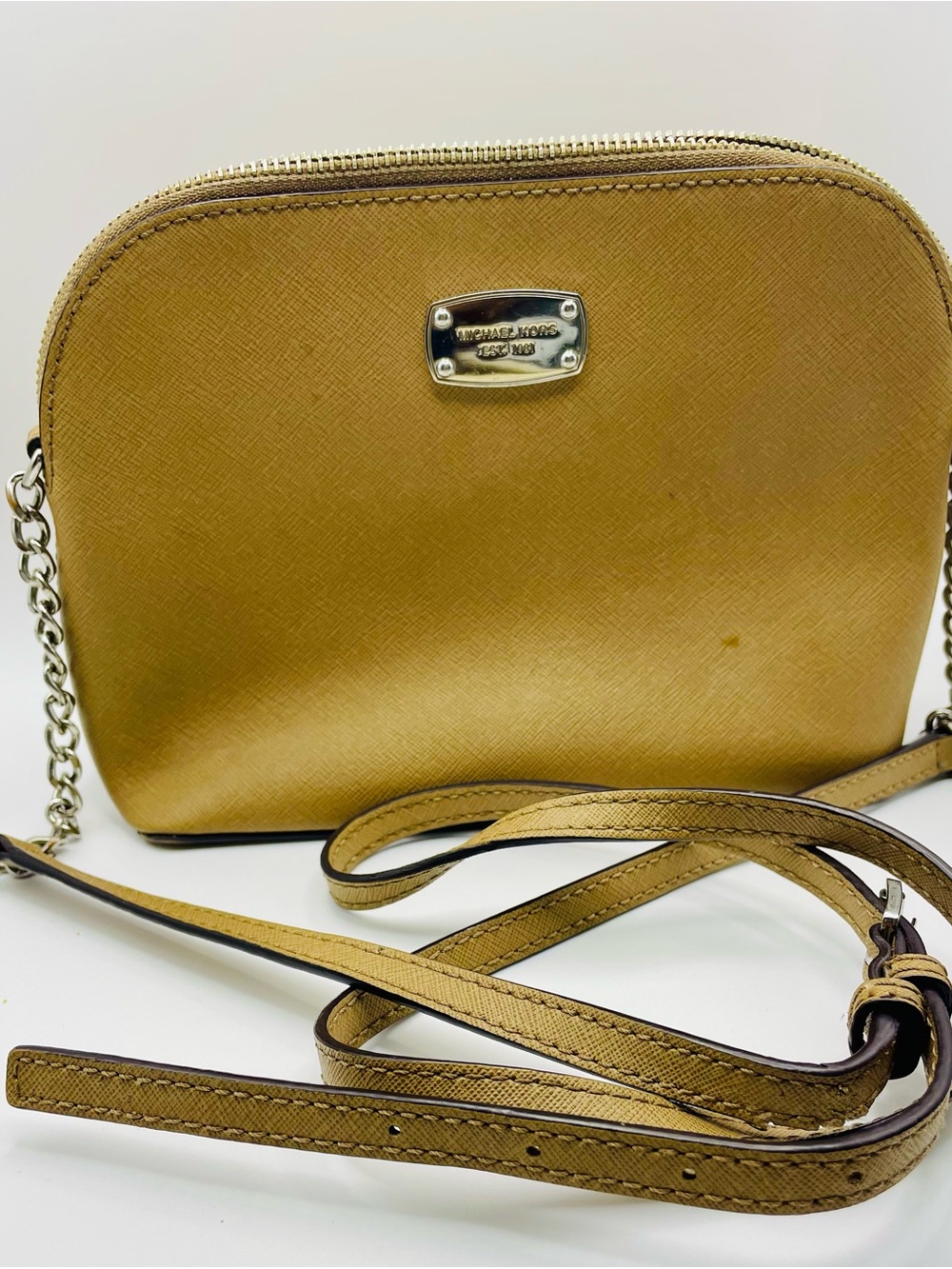 Michael Kors Tan Dome Crossbody Bag Saffiano Leather w/ Silver Hardware